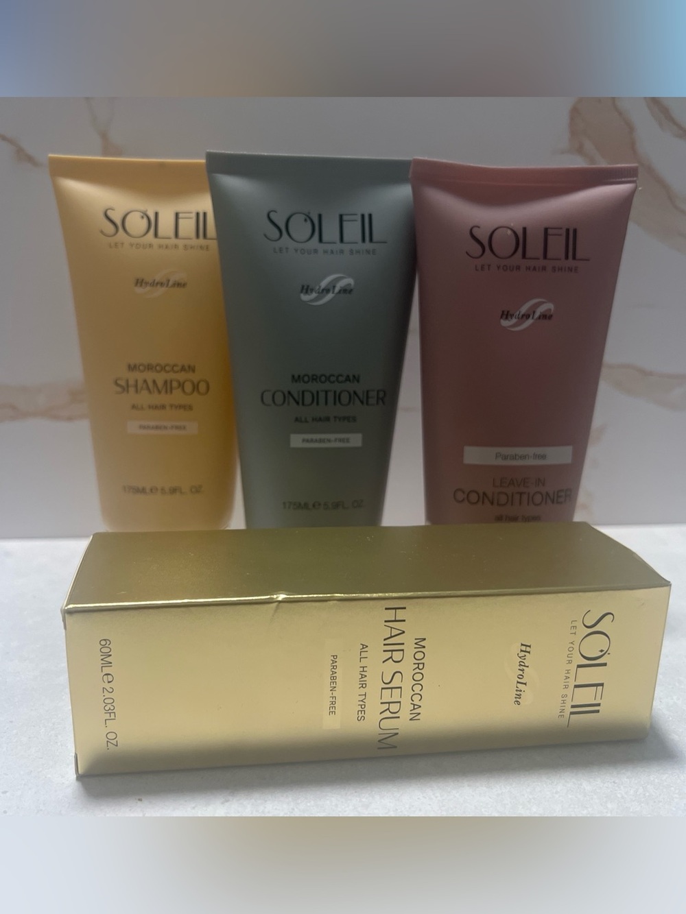 4 PIECE - Soleil HydroLine Haircare Set: Shampoo, Conditioner, Leave-in & Serum